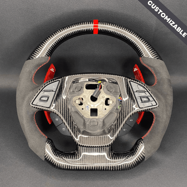 2014-2019 Corvette C7 Ferrari Style Carbon Fiber Flat Bottom Steering Wheel - Red Accents, reference RCC-CHEVROLET-04