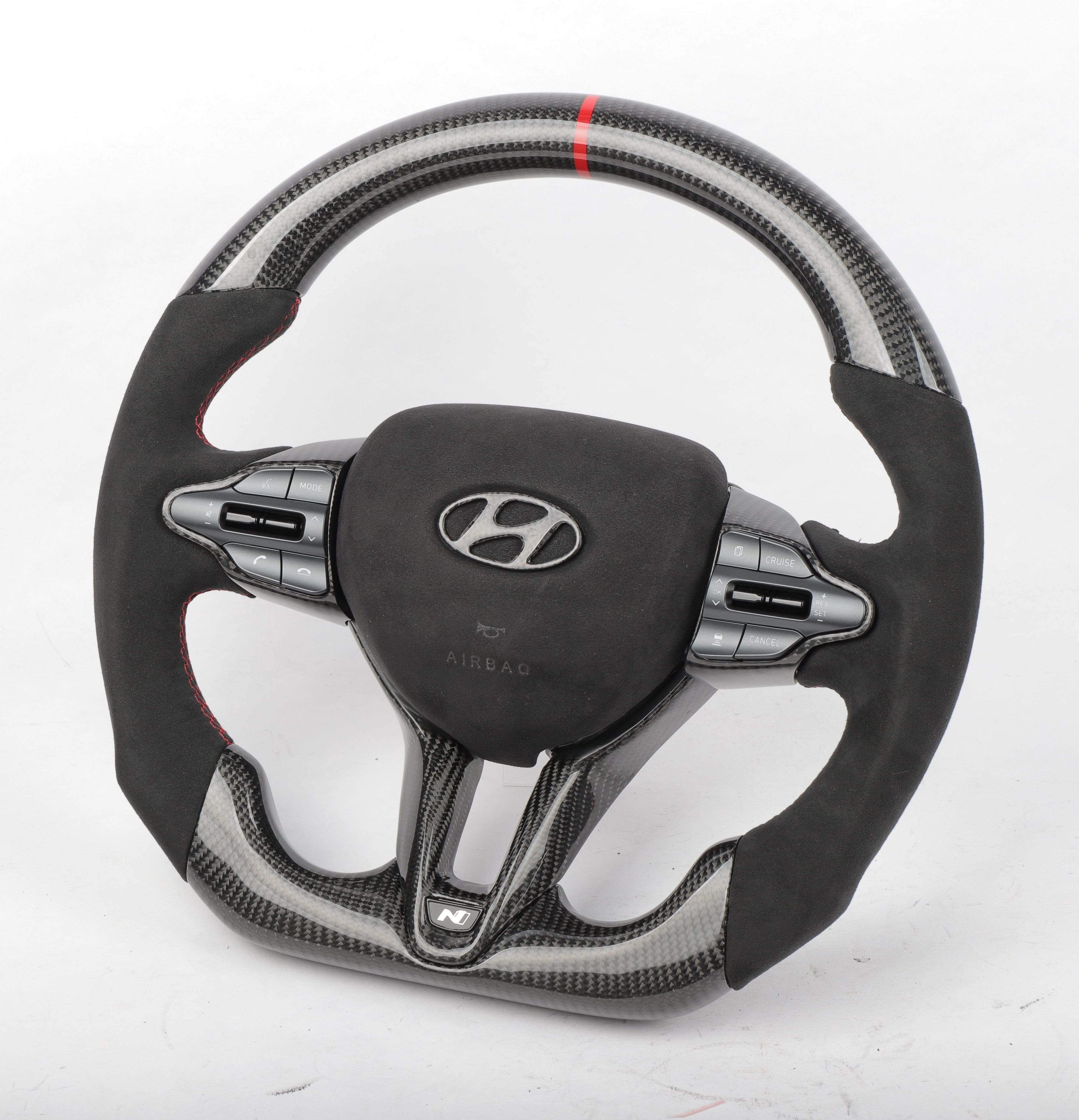 Hyundai I30N Custom Carbon Fiber Flat Bottom Steering Wheel with Red Accent, reference RCC-HYUNDAI-04